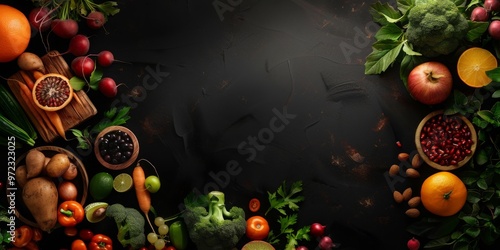 Fresh Fruits and Vegetables on Dark Background | Healthy Eating, Organic Lifestyle