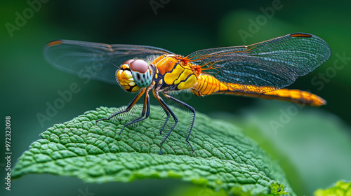 A dragonfly perched on the edge of a green leaf photo