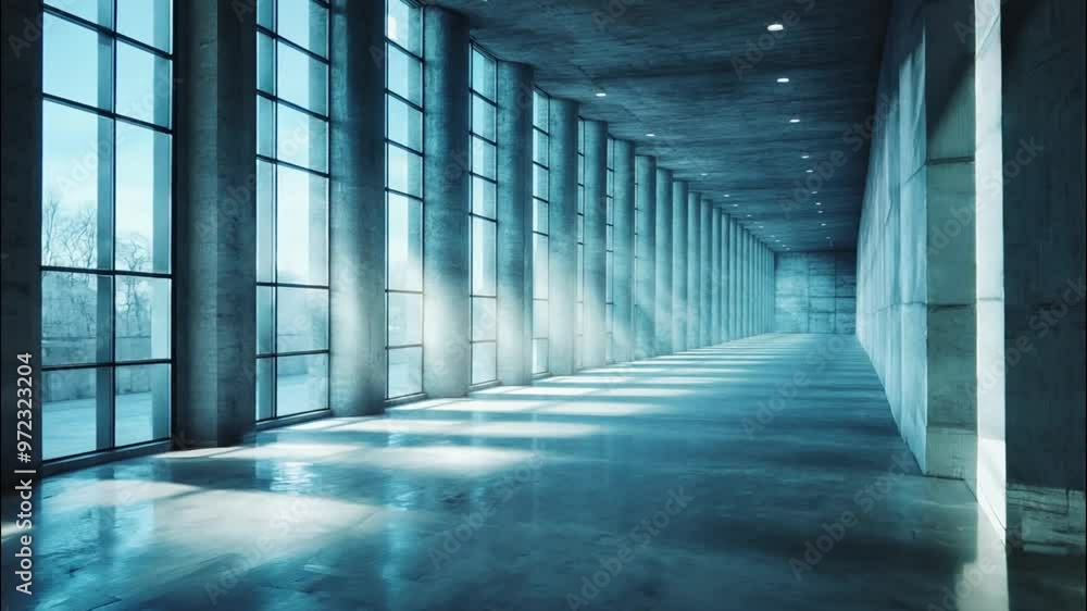Sunbeams Streaming Through Windows in a Concrete Hallway