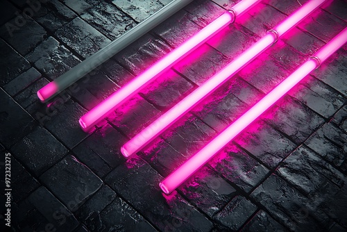 Neon light tubes in sharp pink and gray, artistically rendered on brick.