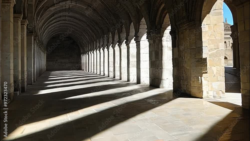 Sunbeams Illuminating a Long, Arched Hallway in an Ancient Structure Sunbeams Illuminating a Long, Arched Hallway in an Ancient Structure