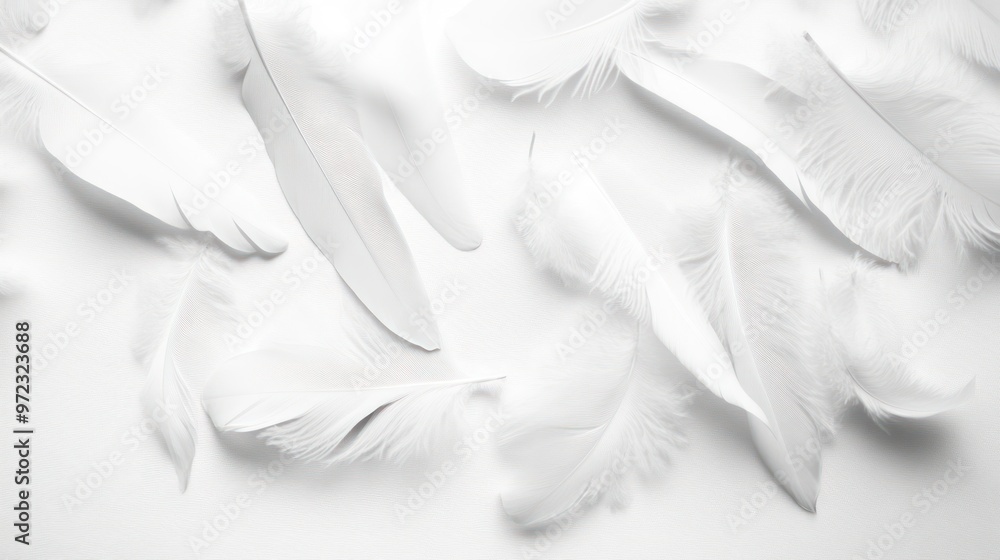 Naklejka premium A collection of delicate white feathers scattered on a textured surface.