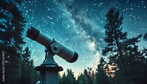 Exploring the Night Sky: Stargazing with Telescope Amidst a Forest of Wonder and Discovery photo