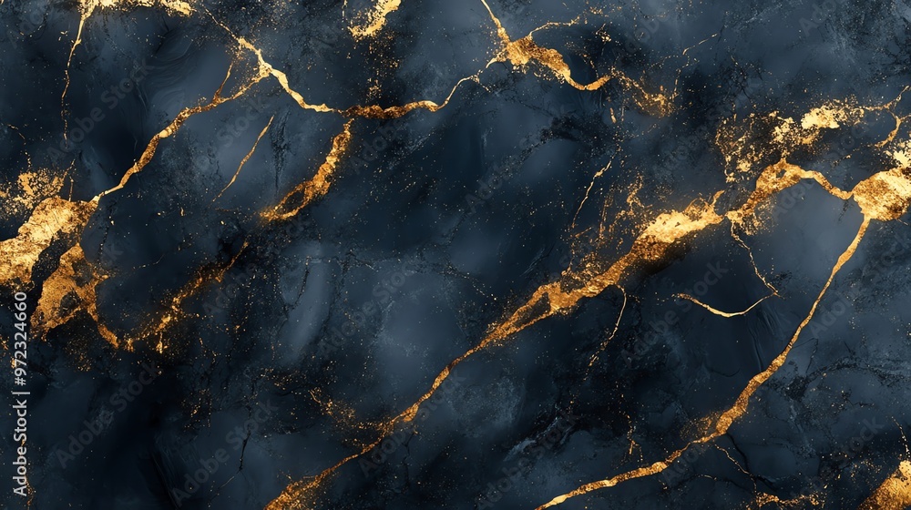 Fototapeta premium Abstract dark blue marble texture with gold veins.
