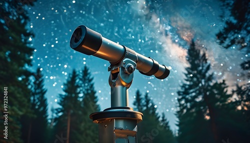 Exploring the Night Sky: Stargazing with Telescope Amidst a Forest of Wonder and Discovery photo