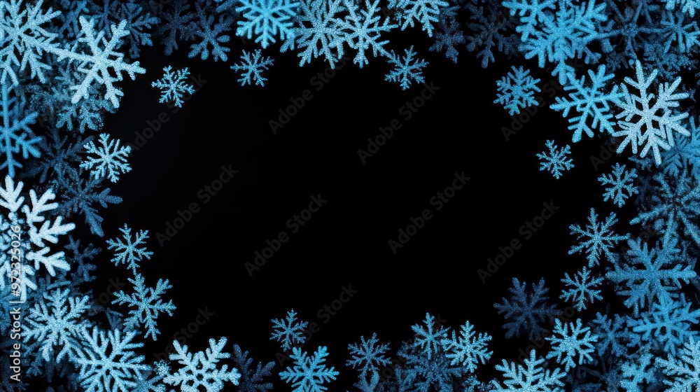 A decorative border of blue snowflakes on a black background, suitable for winter themes. A decorative border of blue snowflakes on a black background, suitable for winter themes.