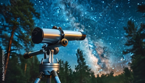 Exploring the Night Sky: Stargazing with Telescope Amidst a Forest of Wonder and Discovery photo