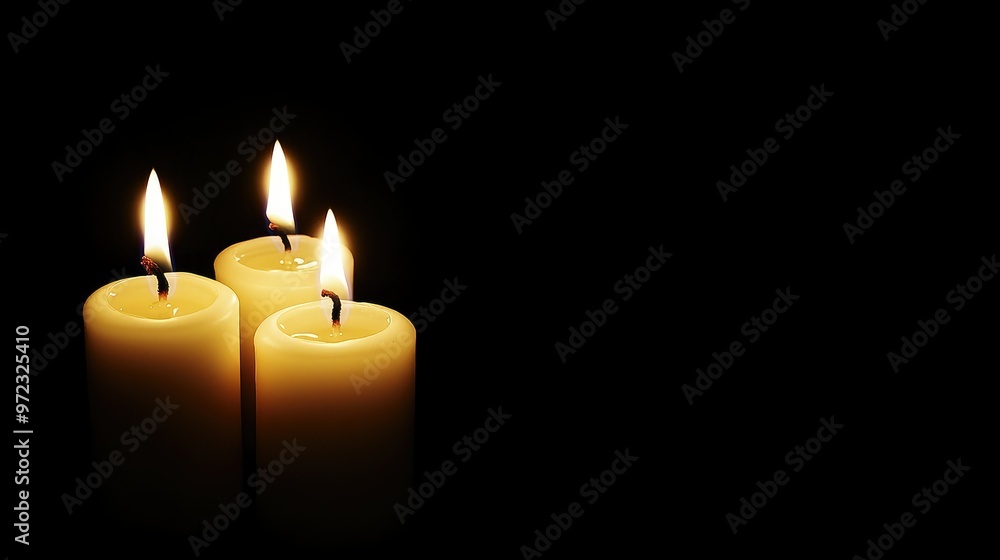 Candles softly glowing against a black background, providing a calm ambiance with plenty of room for text or additional elements Candles softly glowing against a black background, providing a calm ambiance with plenty of room for text or additional elements