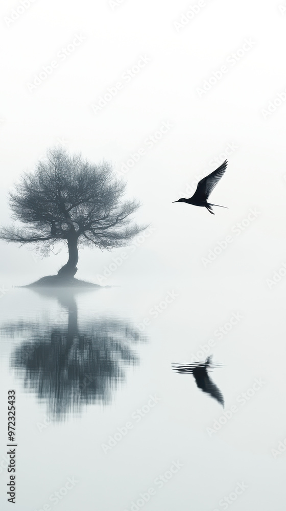Obraz premium A mystical, quiet and serene landscape. An aesthetic foggy nature photograph