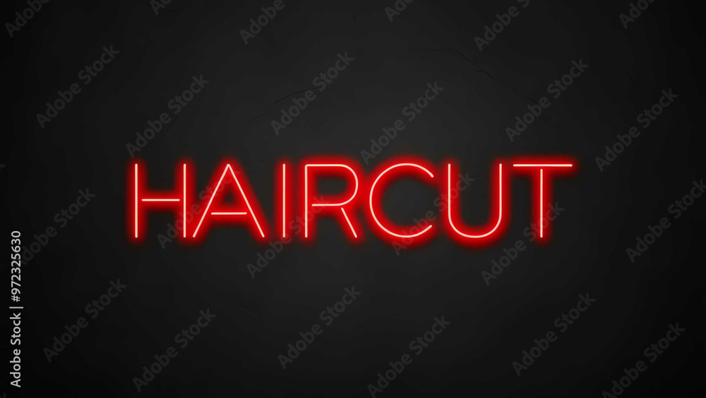Haircut red neon lettering on plain black dark background Haircut red neon lettering on plain black dark background