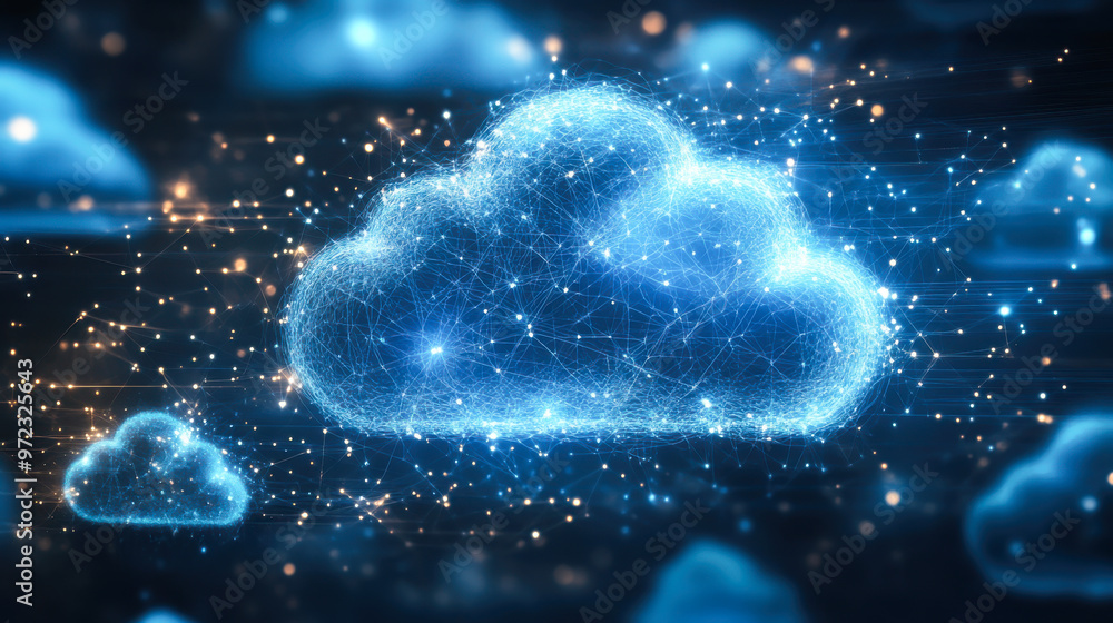Cloud computing. The data transfer and storage concept has a cloud in the middle connected to a white polygon inside Cloud computing. The data transfer and storage concept has a cloud in the middle connected to a white polygon inside