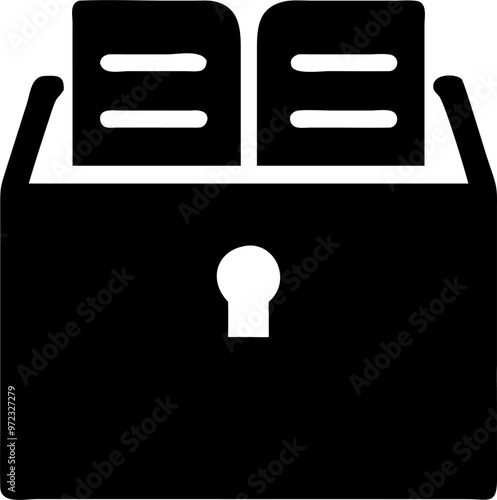 open chest of books, top book open, slightly side view, pictogram