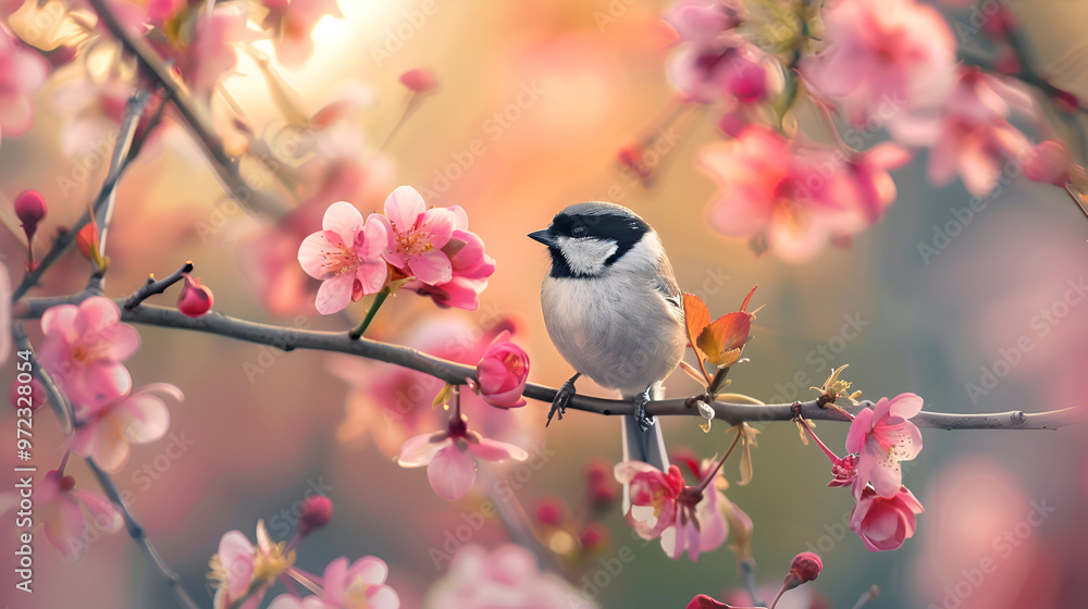 A small chickadee perched on a delicate twig A small chickadee perched on a delicate twig
