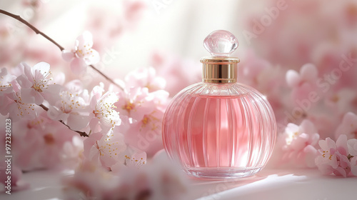 delicate pink floral perfume bottle with white flowers. A luxurious glass bottle
