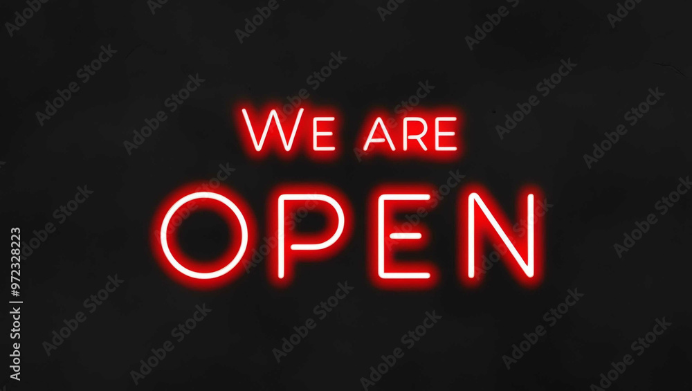 We Are Open red neon lettering on plain black dark background We Are Open red neon lettering on plain black dark background