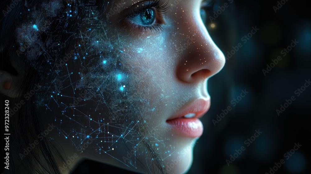 A futuristic portrait blending human features with cosmic elements. A futuristic portrait blending human features with cosmic elements.
