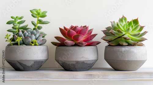 Green, red and pink succulent plants and green cactus in modern geometric cement planters