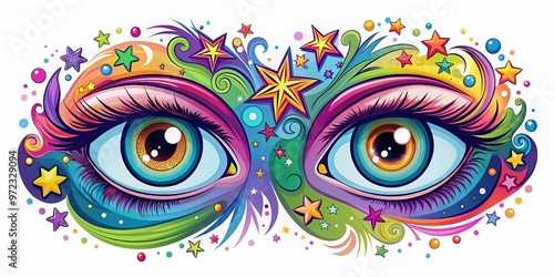 A bright, bold cartoon illustration of a pair of expressive eyes with large pupils, shining stars, and colorful photo