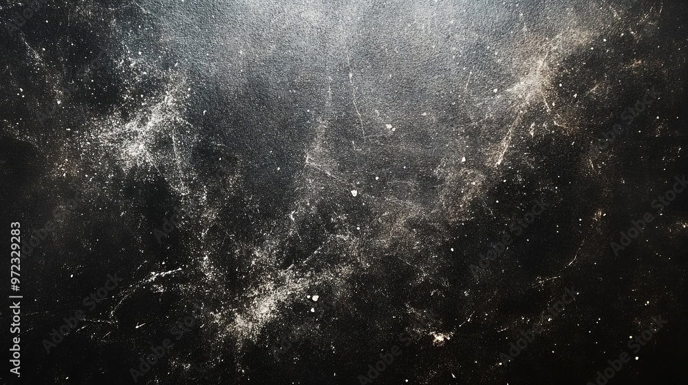 Obraz premium White dust and scratches on black background - layer for photo editor. Horizontal photography with copy space; high resolution