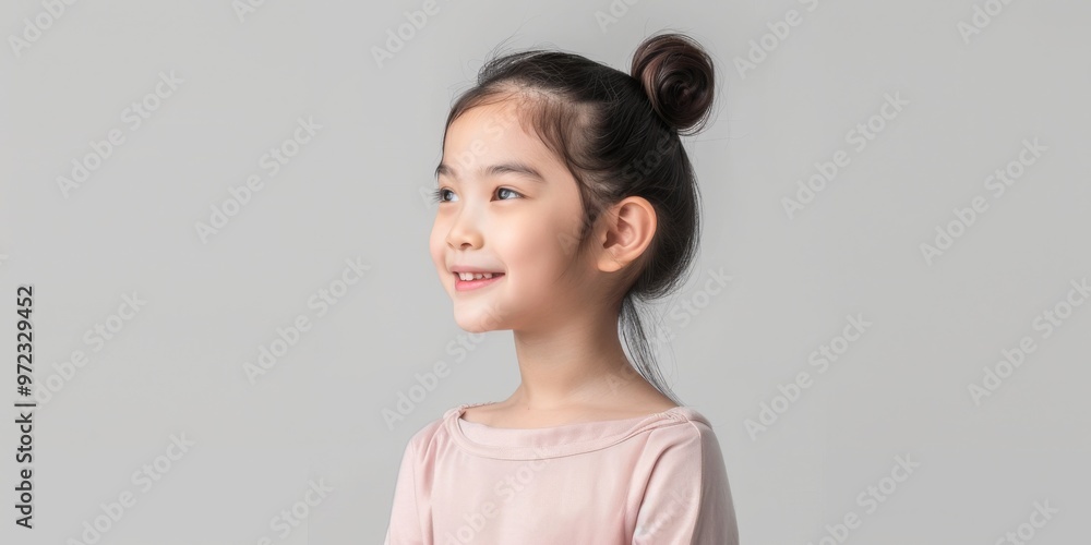 A cheerful Japanese preteen girl posing playfully while looking aside, set against a neutral gray background. Perfect for youthful and cultural themes. A cheerful Japanese preteen girl posing playfully while looking aside, set against a neutral gray background. Perfect for youthful and cultural themes.