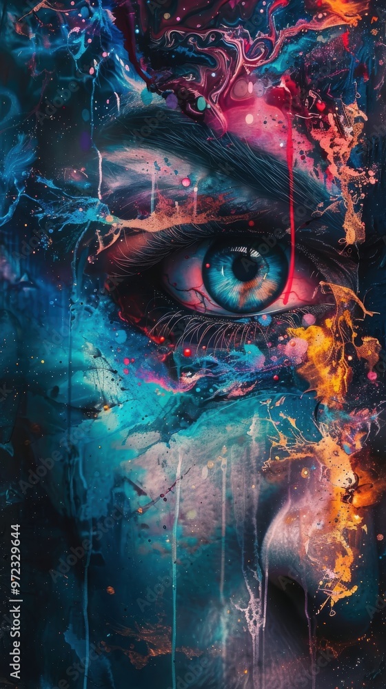 Fototapeta premium Captivating artistic eye blending vibrant colors and abstract patterns, symbolizing creativity and perception in a surreal way.