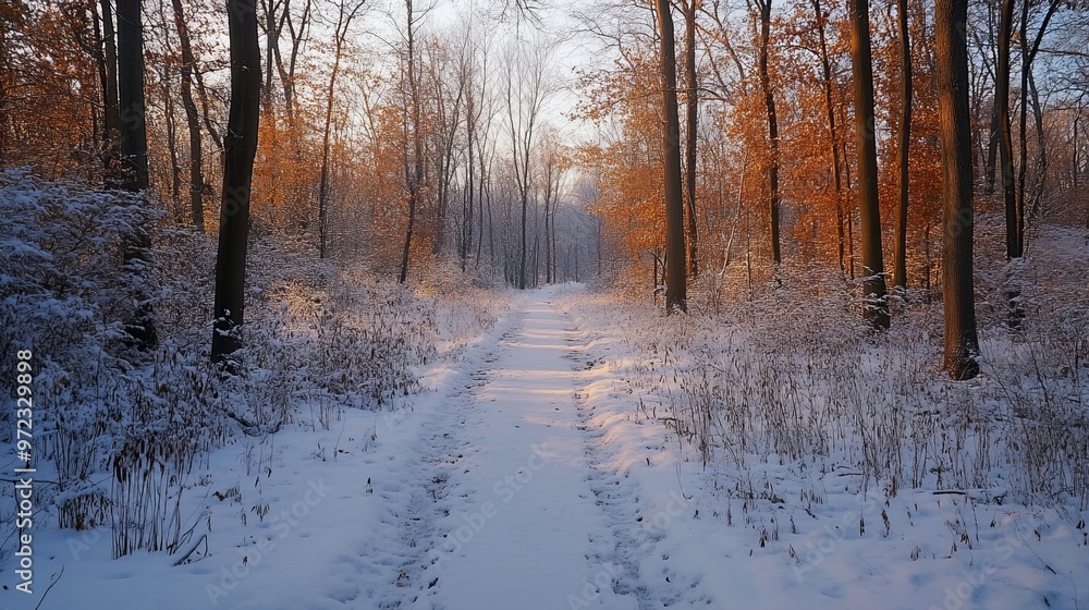 Snowy trail through a quiet suburban forest, with tall, bare trees and a light dusting of snow on the ground. 4K hyperrealistic photo. Snowy trail through a quiet suburban forest, with tall, bare trees and a light dusting of snow on the ground. 4K hyperrealistic photo.