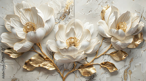 Fototapeta Naklejka Na Ścianę i Meble -  Mesmerizing 3D wall art triptych with lifelike white flowers boasting radiant golden petals, complemented by a polished marble background, elevating any space with its captivating beauty