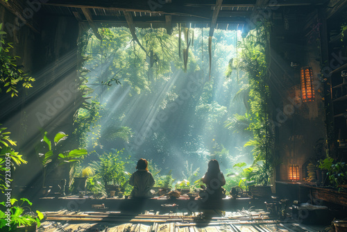 Sunlight filters through a forest canopy illuminating a tranquil indoor space with two figures meditating near lush greenery photo