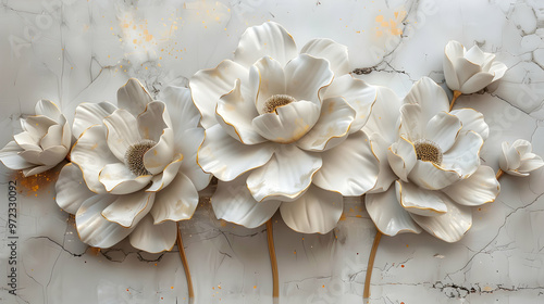 Fototapeta Naklejka Na Ścianę i Meble -  Mesmerizing 3D wall art triptych with lifelike white flowers boasting radiant golden petals, complemented by a polished marble background, elevating any space with its captivating beauty