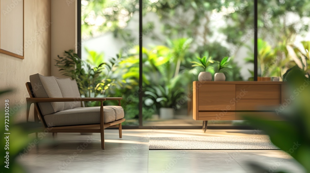 Modern living room with a sofa and cabinet in front of a large window with a view of a lush green garden. Modern living room with a sofa and cabinet in front of a large window with a view of a lush green garden.
