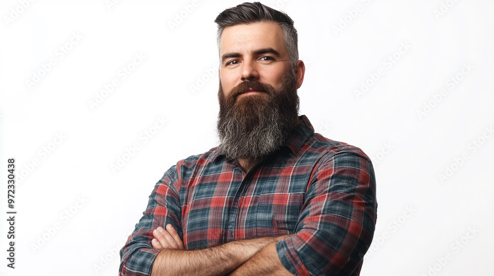 Confident man with a beard wearing a plaid shirt poses with crossed arms against a white backdrop Confident man with a beard wearing a plaid shirt poses with crossed arms against a white backdrop