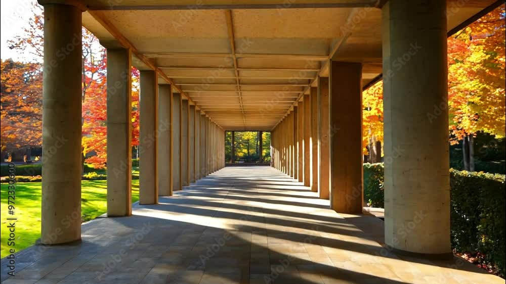 A Covered Walkway with Concrete Columns and Sunlight Streaming Through A Covered Walkway with Concrete Columns and Sunlight Streaming Through