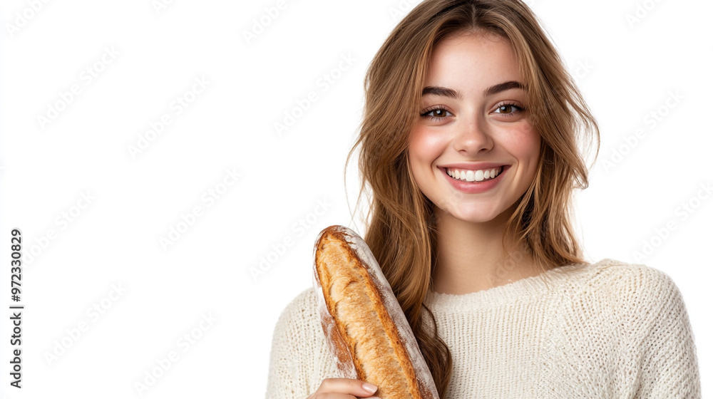A young woman with long hair smiles while holding a freshly baked baguette in a bright, minimalist kitchen setting A young woman with long hair smiles while holding a freshly baked baguette in a bright, minimalist kitchen setting