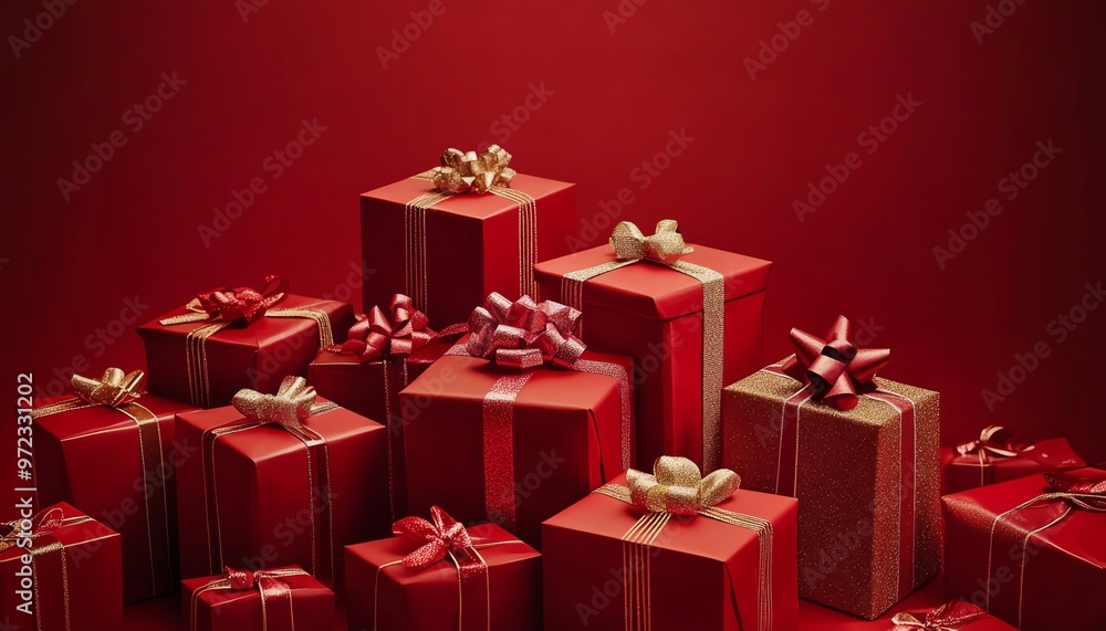A Collection of Red Gift Boxes with Gold Ribbons and Bows A Collection of Red Gift Boxes with Gold Ribbons and Bows