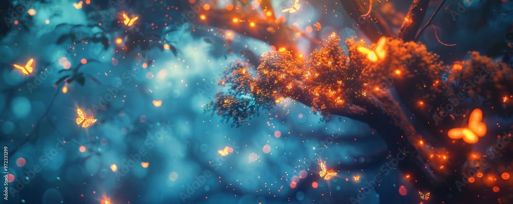 Magical Forest Branch with Glowing Orange Butterflies and Ethereal Blue Light, Creating a Dreamlike Atmosphere of Enchantment and Fantasy, Featuring a Surreal Scene of Nature's Wonders Magical Forest Branch with Glowing Orange Butterflies and Ethereal Blue Light, Creating a Dreamlike Atmosphere of Enchantment and Fantasy, Featuring a Surreal Scene of Nature's Wonders