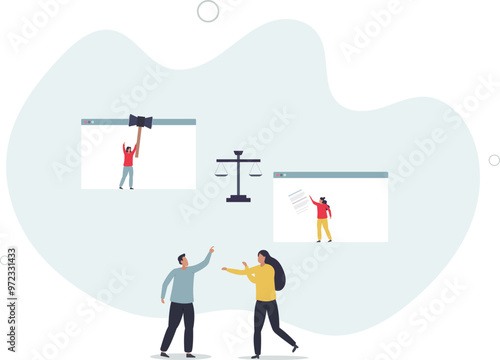 Virtual court for legal lawsuit process using video .flat design with people.