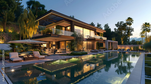 Modern grand villa with swimming pool and garden, generative ai