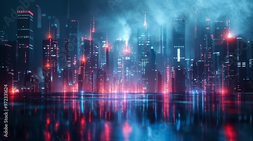 A futuristic cityscape with neon lights reflecting on a wet street.