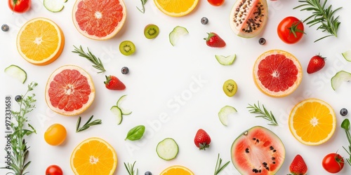 Creative frame composed of assorted fresh fruits and vegetables, presenting a central white space ideal for healthy lifestyle themes and marketing.