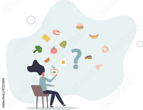 Choosing the type of food concept. A woman chooses between healthy and harmful food.flat design with people.