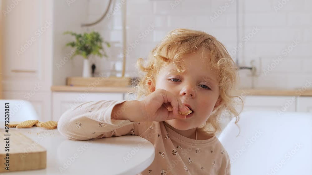 Adorable and playful infant eating tasty cookie while sitting at kitchen table blonde toddler with wavy hair enjoying sweet and delicious pastry in light-filled kitchen Adorable and playful infant eating tasty cookie while sitting at kitchen table blonde toddler with wavy hair enjoying sweet and delicious pastry in light-filled kitchen