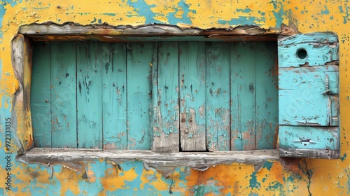 Aged Rustic Wooden Window with Distressed Blue Paint on Weathered Yellow Wall, Featuring Peeling Paint and Vintage Texture, Representing Abandoned Building and Authentic Urban Decay