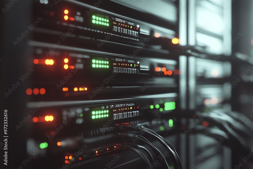 Close-up of Server Racks with Lights and Cables in a Data Center Close-up of Server Racks with Lights and Cables in a Data Center
