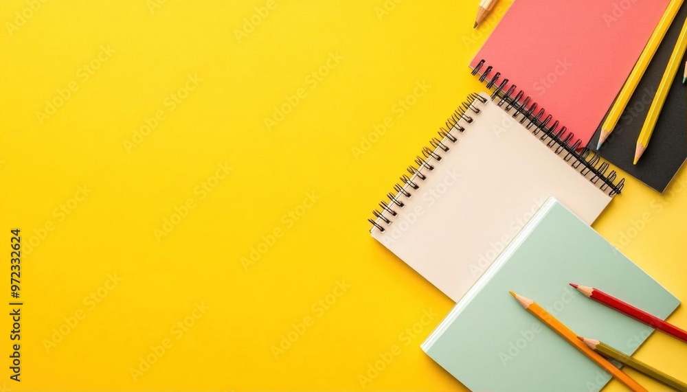 Blank notebooks and colored pencils on a yellow background. Blank notebooks and colored pencils on a yellow background.