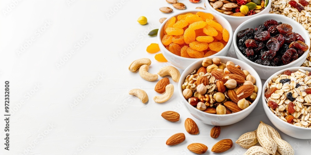 A bowl of muesli featuring organic ingredients for a healthy breakfast, arranged on a white background with copy space. A bowl of muesli featuring organic ingredients for a healthy breakfast, arranged on a white background with copy space.