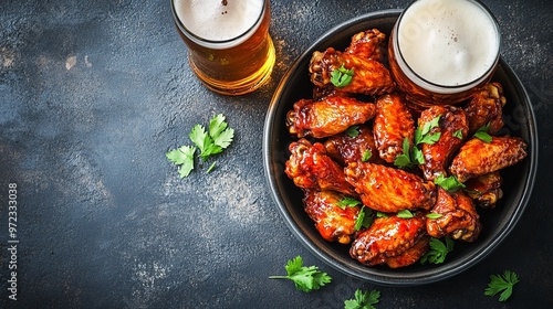 Buffalo style chicken wings served with cold beer, top view with copy space