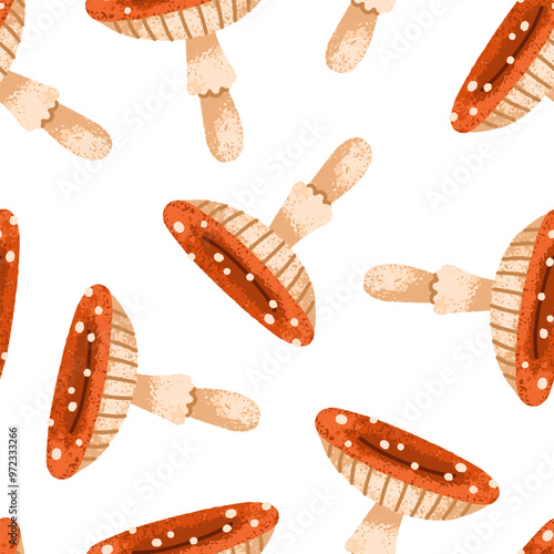 Fly agaric, seamless autumn pattern. Amanita, endless fall season background, repeating print. Mushrooms, forest fungi texture for textile, fabric, wrapping, wallpaper design. Flat vector illustration