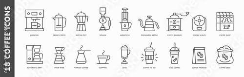 Coffee brewing alternative methods icons set. Espresso, french press, mocha pot, pour over, cup, turkish coffee icon. Coffee shop pictogram. Vector web symbol or logo design element