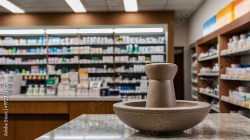 Wallpaper Mural Mortar and pestle sitting on counter with pharmacy in background Torontodigital.ca