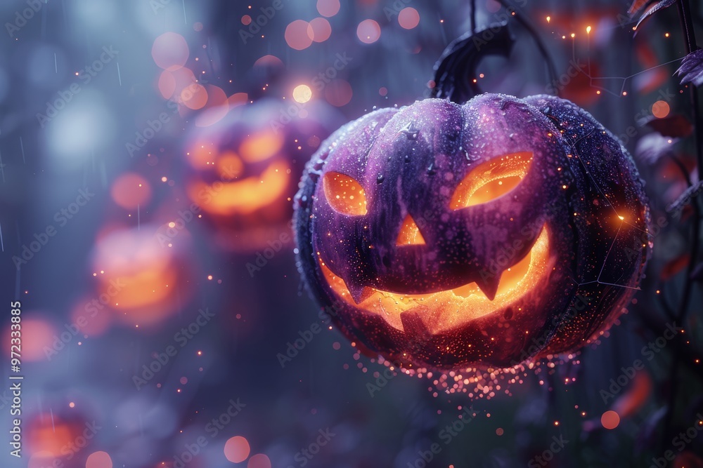Spooky halloween background featuring hanging jack o lanterns and carved pumpkins on lilac Spooky halloween background featuring hanging jack o lanterns and carved pumpkins on lilac